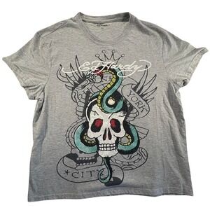 Ed Hardy Women's XL Gray Traditional Tattoo Skull Snake Graphic Print Grunge Y2K
